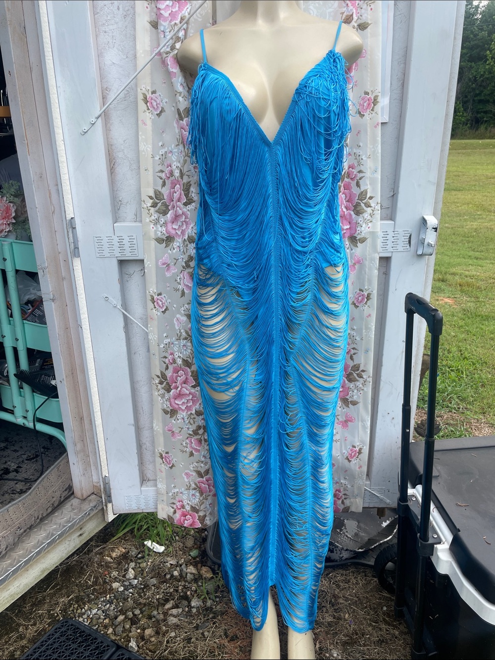 Blue Fringe Maxi Dress with Spaghetti Straps